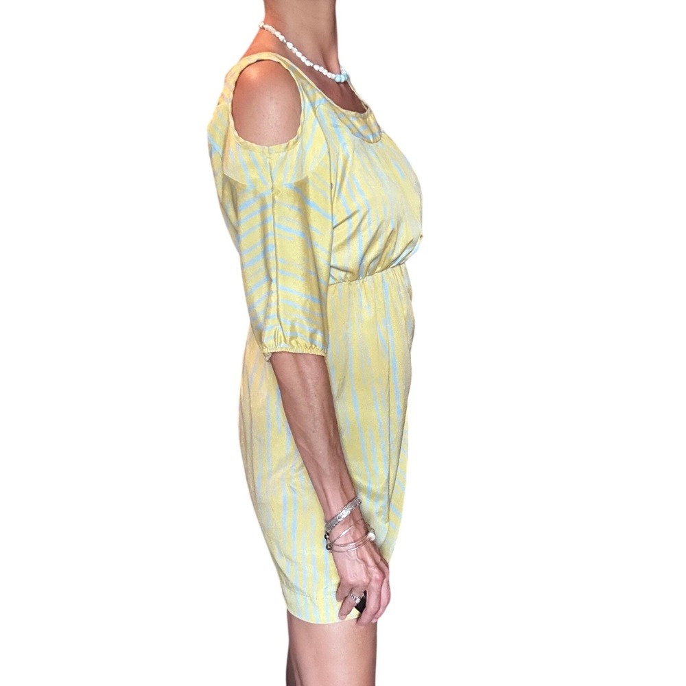 Traciel Womens Yellow Blue Striped Cold Shoulder Empire Waist Mini Dress Large - Picture 9 of 9